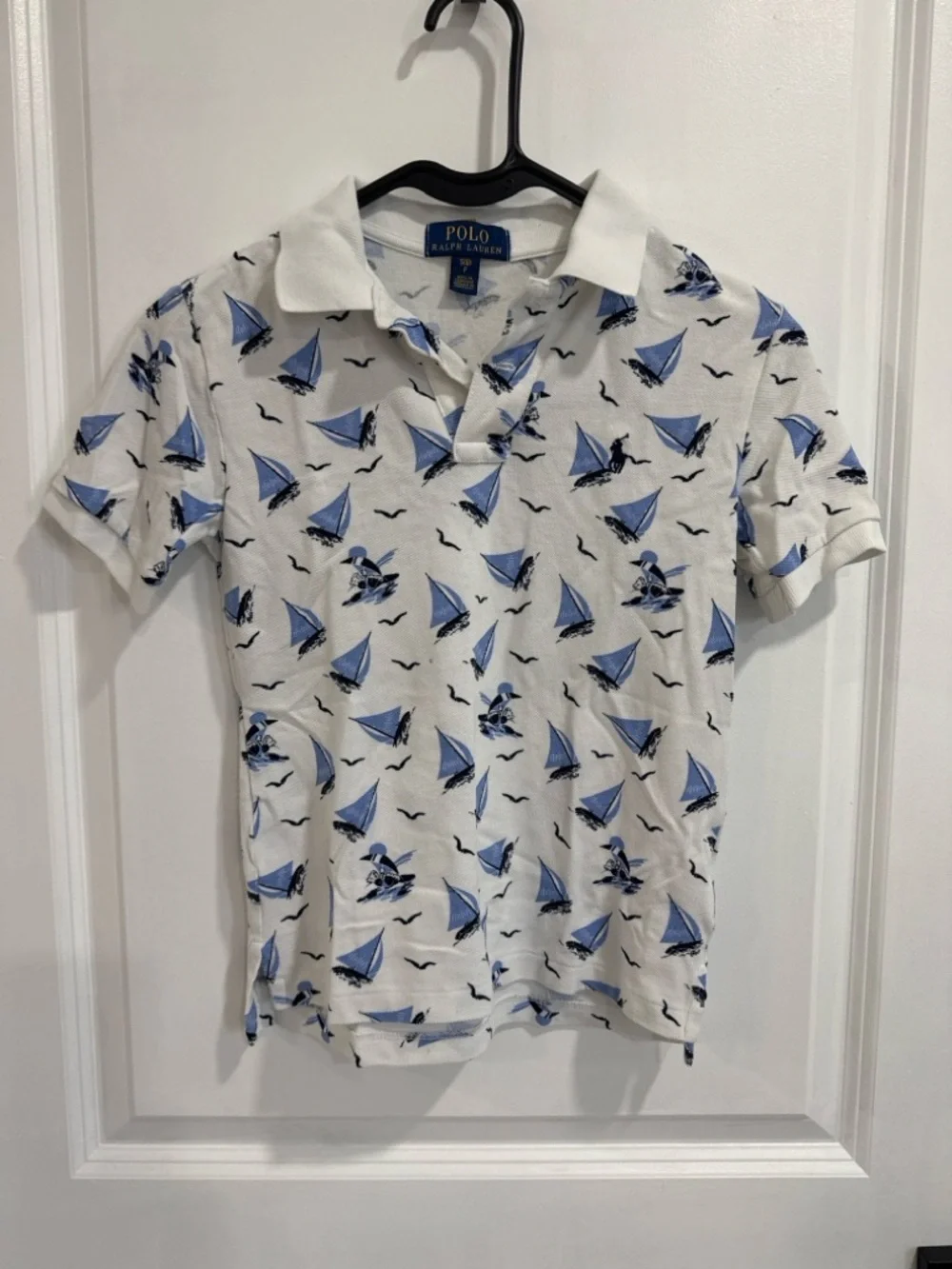 Polo Ralph Lauren Boys Sz 8 White Blue Sailboat Print Polo Shirt Nautical Preppy